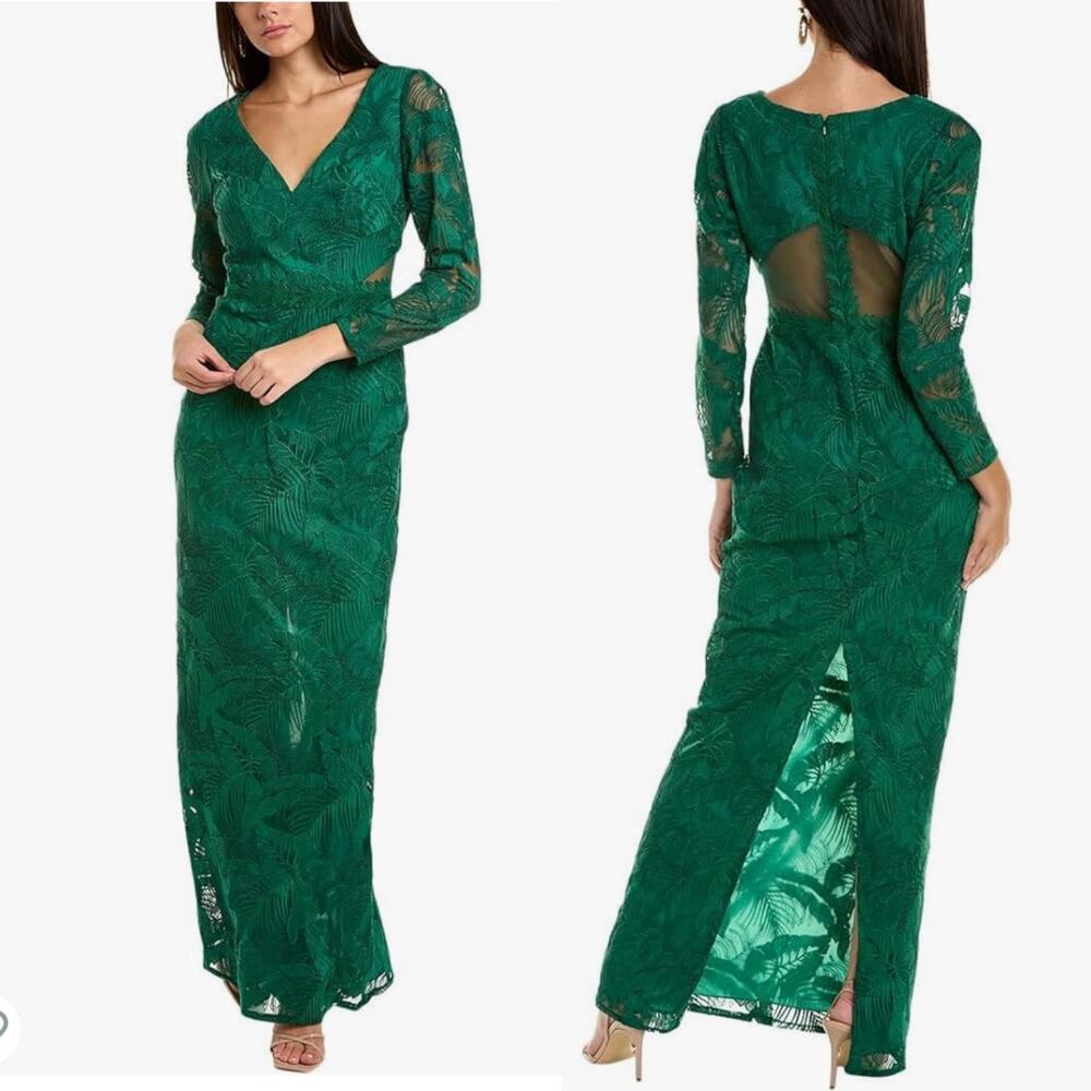 Marchesa‎ Leaf Embroidered Gown Green V-Neck Long Sleeve Sheer Back Sz 6